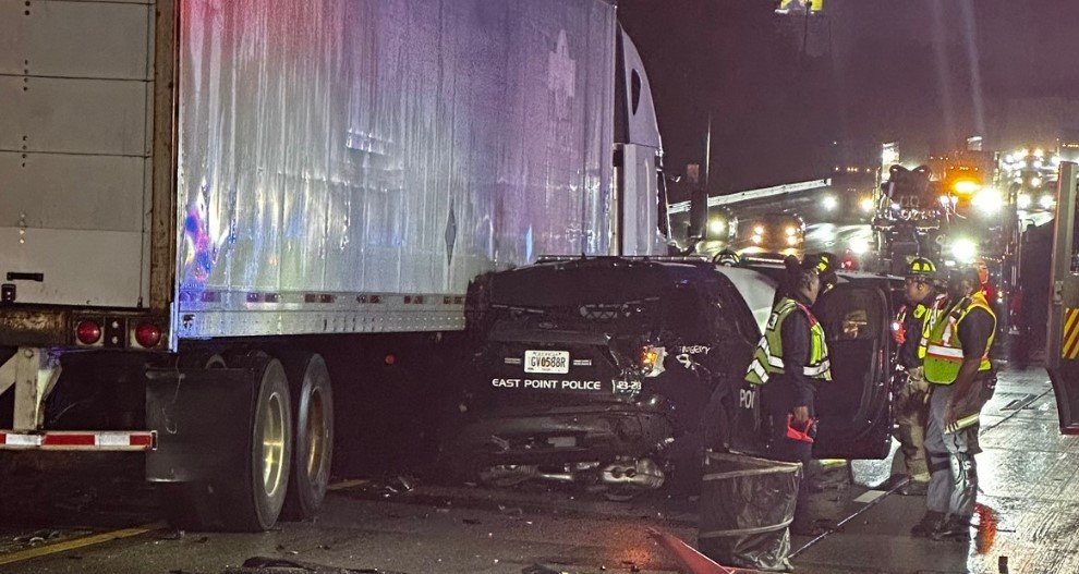 East Point Police Officers Escape Serious Injury After 16-Wheeler Strikes Three Patrol Cars on I-285