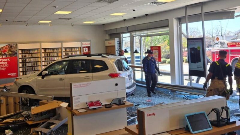 A vehicle crashed into a Verizon store in Martinez, leaving one person with minor injuries.