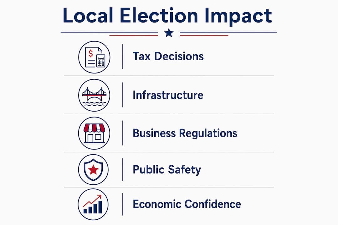 Infographic outlining local election impacts on community and commerce
