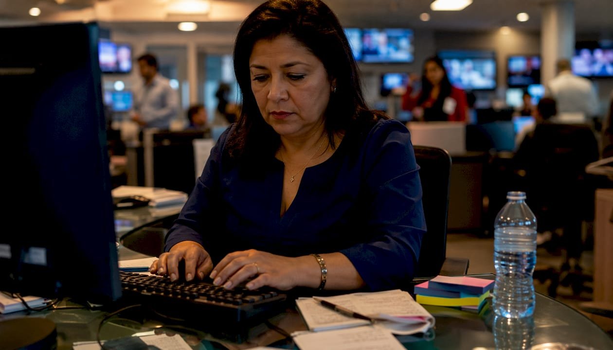 Journalist monitoring local council updates in newsroom