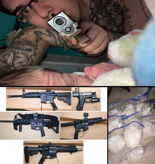 Top: Serda with gun over sleeping infant; Bottom: Firearms seized and Meth