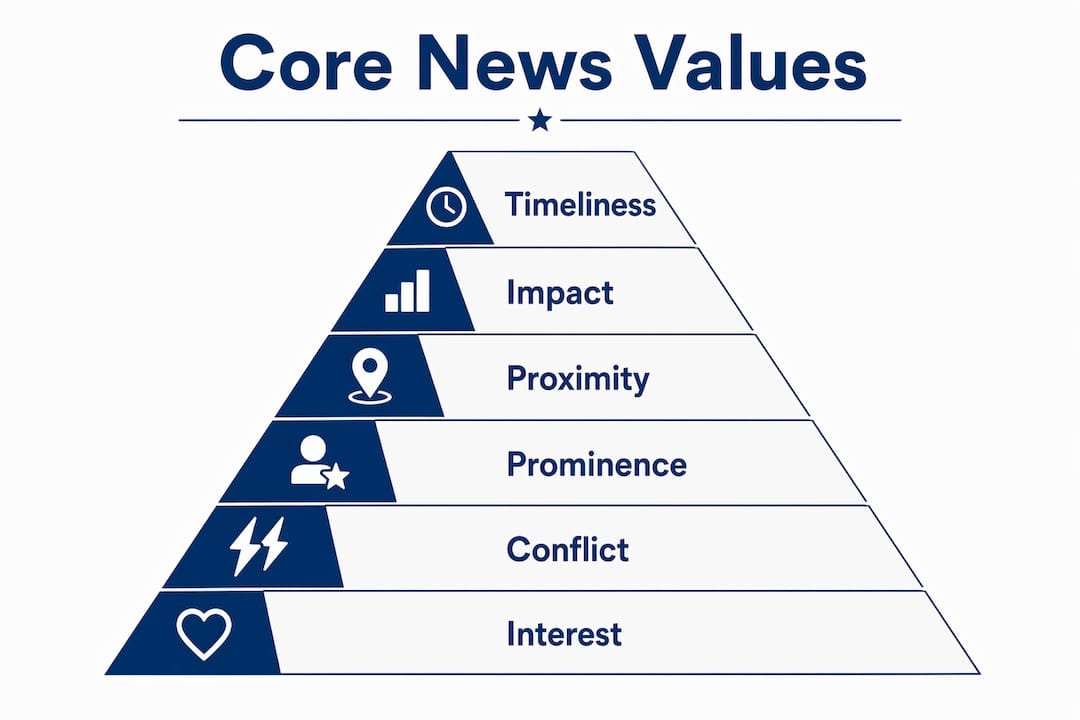 Infographic illustrating core news values pyramid