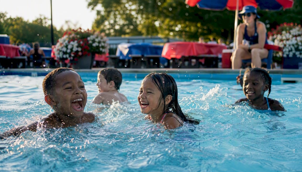 Outdoor summer camp swimming pool activity