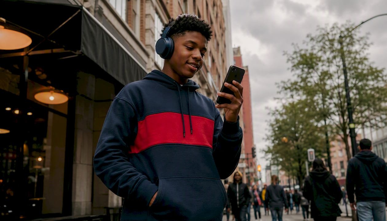 Teen checking live sports updates outdoors