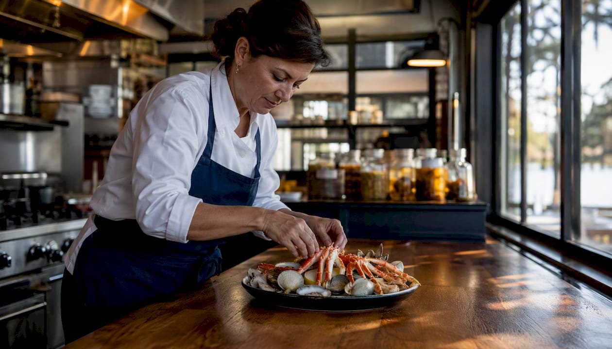 Chef preparing fresh seafood platter in restaurant kitchen