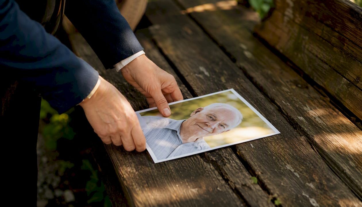 Funeral home staff handling obituary photo