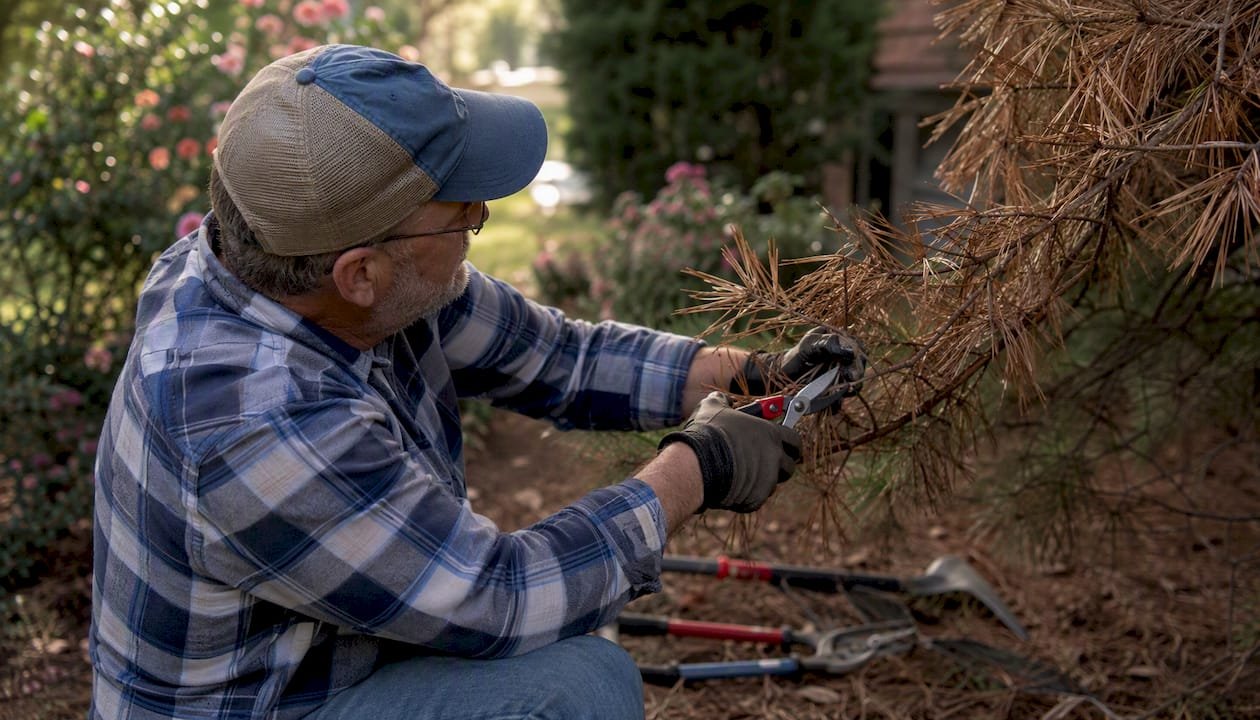 Gardener cutting diseased pine branches