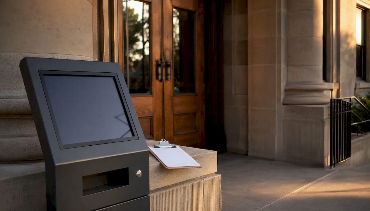 Government building entrance with inspection forms
