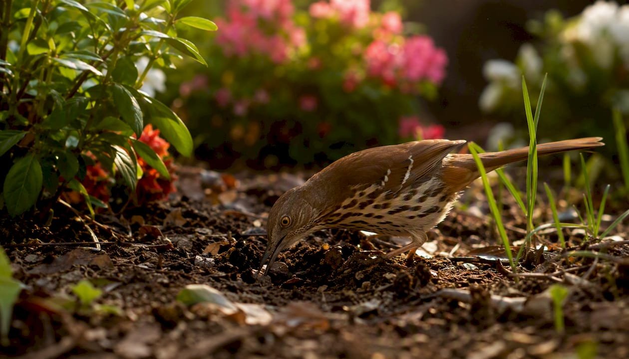 Brown thrasher digging in leaf litter in garden