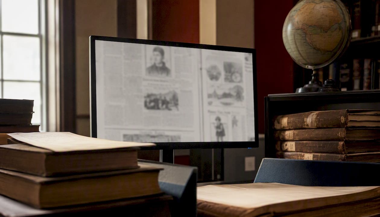 Historic newspapers digitized on computer screen in library