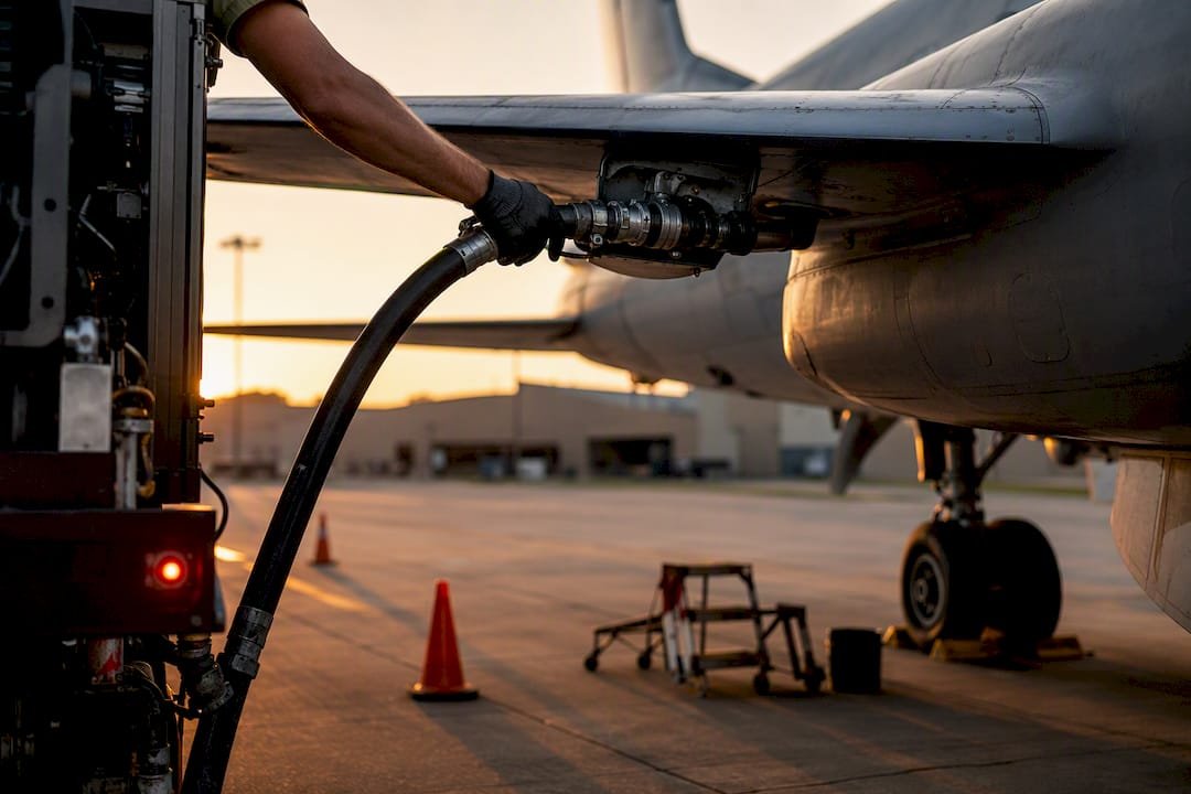 Hot pit refueling connecting to aircraft wing