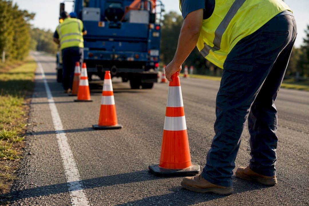 Utility workers setting traffic cones roadside