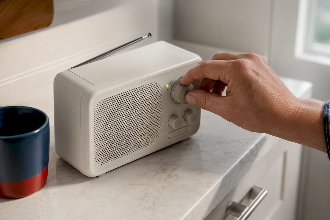 Hand adjusting a home weather radio